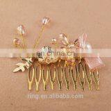 Bride Wedding Gift Pink Crystal Gold Flower Comb Bride Hair Jewelry