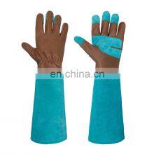 HANDLANDY Blue Durable Pigskin Leather Long Cuff Thorn Proof Landscaping Working Gloves Rose Pruning Women Garden Gloves thumbnail-1