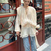 Chic Lantern-sheer Fabric Dress for Women, New Spring Style, Short Skirt, Cinched Waist, Irregular Lotus Leaf Hem, With Tie. thumbnail-4