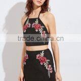 Two Piece Set Women Dress 2017 Black Embroidered Rose Applique Suede Halter Top With Skirt thumbnail-5