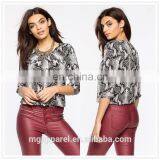 Latest Lady Fashion Pleated and Bubble Hem Snake Printed Blouse Design thumbnail-1