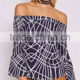 Bell Sleeve Crossed Line Design Woman off Shoulder Tops Printed Fancy Tops thumbnail-1