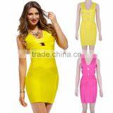 2015 Elastic Knitted Rayon HL Mini Sexy Hollow Out Bodycon Womne V Neck Bandage Dress Red Yellow thumbnail-1