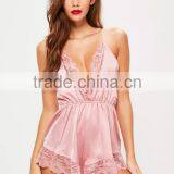 Custom Made Pink Satin Lace Detail Teddy Women Sexy V Neck Pyjama With Elasticated Waist Bodysuit Sleepwear thumbnail-4