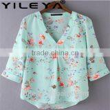 New Design Chiffon Blouses Medium Sleeve V-Neck Blouse Elegant Casual Loose Shirt thumbnail-1
