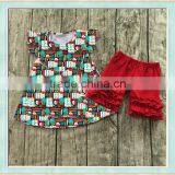 Girls Fashion Clothing Wholesale Back to School Cute Fiutter Sleeves Duck Print Shirt Match Red Ruffle Shorts thumbnail-1