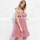 Cute Ruffled Hem Self Tie Dress, Ladies Red Cotton Sleeveless Dress thumbnail-3
