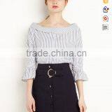 Women's Bell Sleeve Stripe Pattern Round Neck Pleated Blouse thumbnail-1