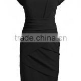 Black Plain Pleated Square Neck Short Sleeve Slim Dress pictures office dress for ladies