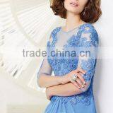 Light Blue Long Sleeve Lace Beaded High Neck Silk Evening Dresses thumbnail-3