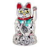 Chinese Oriental Lucky Good Luck Siver Maneki Neko Battery Operated Waving Paw Hand Beckon Cat thumbnail-1
