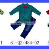 Wholesale Unisex Boutique Outfits Plaid Shirt Label Collar Top Match Jeans Pants With Bow Tie Teen Uniform Christening Suit Sets