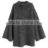 High Quality Long Bell Sleeves Crew Neck Ribbed Handmade Wool Knit Sweater for Women thumbnail-4