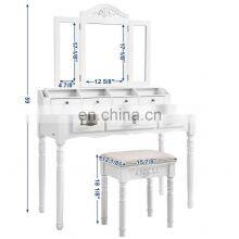 Vanity Table Set, Tri-folding Necklace Hooked Mirror 6 Organizers Makeup Dressing Makeup Desk With Drawers Cushioned Stool thumbnail-5