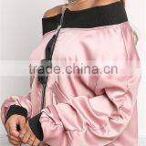 MGOO 2017 Hot Sale Cheap Price Off Shoulder Pink Jackets Custom Fashion Satin Bomber Tops Crop Style thumbnail-4