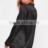 MGOO Custom Embroidery Logo Black Satin Pyjamas Sets For Women Long Sleeves Buttons Shirt Long Pants Nightwear thumbnail-5
