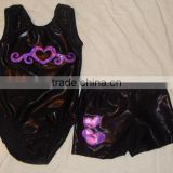 dance outfit and shorts black mystique with purple heart pattern on leotard and hearts