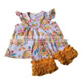 bulk wholesale kids clothing Floral printing top with yellow ruffle shorts alli baba com kids clothing summer 2017