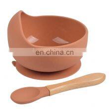 Baby Bowl Spoon Silicone Tableware Children's Wooden Handle Silicone Spoon Children's Suction Cup Baby Silicone Bowl thumbnail-5