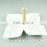 High Quality Ceramic Divided Plate With Wooden Handle Candy Fruits Serving Plate thumbnail-1