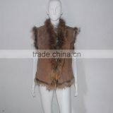 SJ185-01 Europe Design Pig Suede Camel Vest With Raccoon thumbnail-3