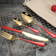 Elegant Stainless Steel Matte Gold Plated Dinner Fork Spoons Knife Flatware Set With Red Colored Handle thumbnail-2