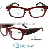 2012 new design LED reading glasses with key buttom outside of arms for easily touching