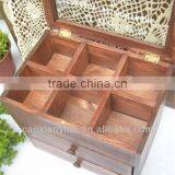 Vintage Small Wooden Cabinet Box With 6 Grids and 2 Drawer Glass Cover Storage Box Old Style Wood Craft Home Decoration 25*17*2 thumbnail-1