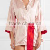 2017 New Style Pink and Red Color Blocking Embroidered Satin Robe With Waist Tie thumbnail-2