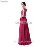 Rose Red Bridesmaid Dresses Lace Applique With Cap Sleeves High Neck Floor Length Chiffon Long Brides Maid Dress Vestidos De thumbnail-6