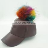Brown Multicolor Faux leather hat with colorful raccoon fur pom pom Sport Hip Hop Snapback baseball caps