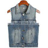 2016 New Style Women's Turn-down Collar Frayed Denim Waistcoat