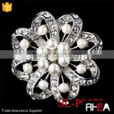 Antique Silver Rhinestone with White Pearl Flower Brooch