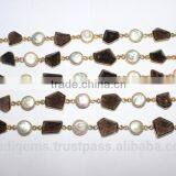 Smoky Quartz Fresh Water Pearl Fancy Bezel Setting Chain thumbnail-3