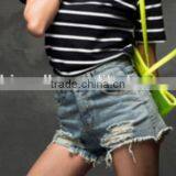 Cheap Wholesale Women High Waist Worn Holes Shorts Light Blue Fashion High Waist Denim Shorts thumbnail-2