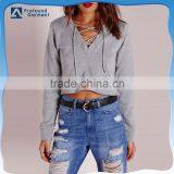 Wholesale Cheap Comfortable Bulk Plain Slim Fitness Drawsting V Neck Crop Top Hoodies for Women thumbnail-1