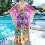 Long Purple Digital Print Crystal Embellished Kaftan CAFTAN Tunic Poncho Blouse thumbnail-1