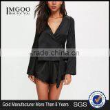 Women V Neck Wrap Pajamas With Private Label Black Long Sleeve Satin Pyjamas Set With Frilled Shorts thumbnail-1