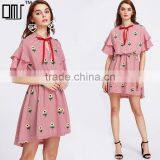 RED Flower Embroiedered and Ruffled Shoulder Women Cute Short Dress thumbnail-1