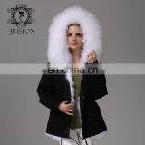 Fashion Women Black Jacket With Raccoon Collar And White Fox Fur Coat thumbnail-2