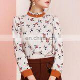 Fashion Floral Print Pullover Shirts Frill Hem Collar Cuff Contrast Color Women Blouses thumbnail-1
