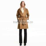 HAODUOYI Winter Women Light Tan Pockets Belt Front Trench Coat V Neck Long Line Woolen Coat thumbnail-4