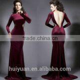 Purple Velvet Long Sleeve Backless Full Length Arabic Evening Gowns Dresses thumbnail-1