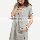 High Quality Fashion Lady Longline Short Sleeve Hoody With String thumbnail-2