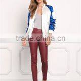 MGOO Fashion Foshan Manufacturer Custom Satin Baseball Jackets For Women White And Blue Block Bomber Jackets thumbnail-3