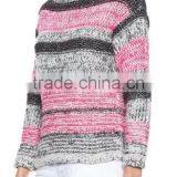 EY0866S Ladies Grey and Pink Striped Pullover Boat Neck Sweater Knitting Pattern thumbnail-3