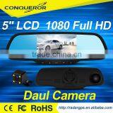 HD 5" LCD Dual Lens Dash Cam Video Recorder Night Vision Car Camera DVR 2 In 1 Rearview Mirror+Front Car DVR+Rear View Camera