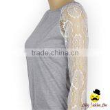 2017 Spring Cheap Adult Lady Transparent Lace Floral Long Sleeve Plain Gray Breathable Cotton Raglan Casual Shirt thumbnail-3