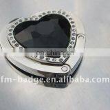 Zinc Alloy High Quality Heart Shaped Purse Hook With Black Rhinestone and Small White Stones, Silver Bag Hanger Hook for Lady