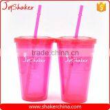 AS Material Double Wall 450ML BPA free Plastic Cup with Straw - Pink Color